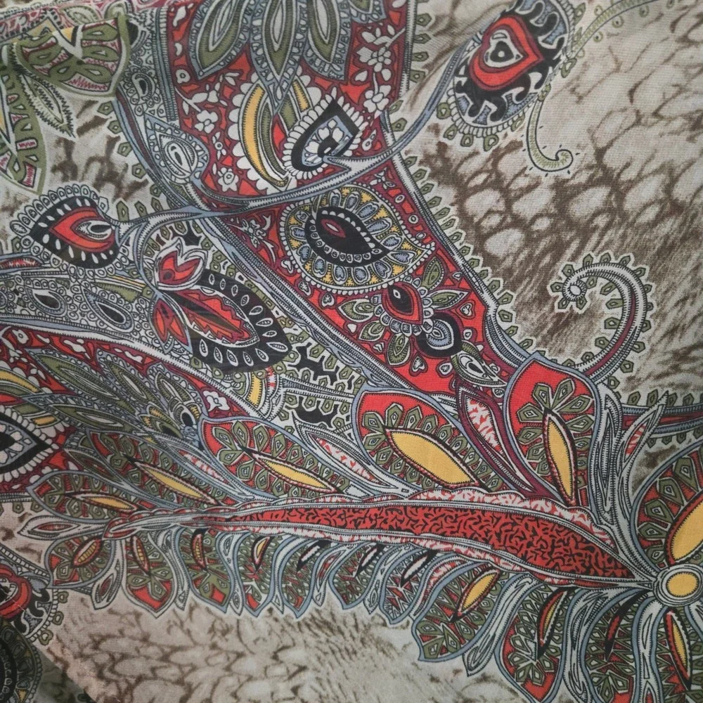 Womens Unique Paisley Print Sleeveless Blouse Ruffle Fringe Collar Tan Red Large